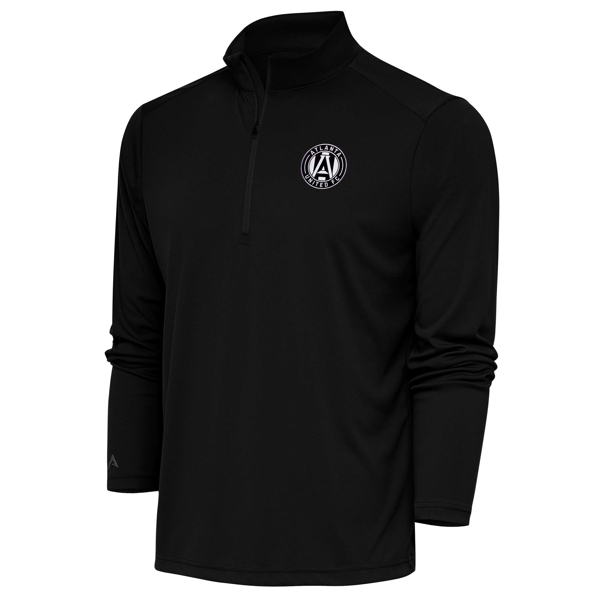 Men's Antigua Black Atlanta United FC Brushed Metallic Logo Tribute Quarter-Zip Pullover Top