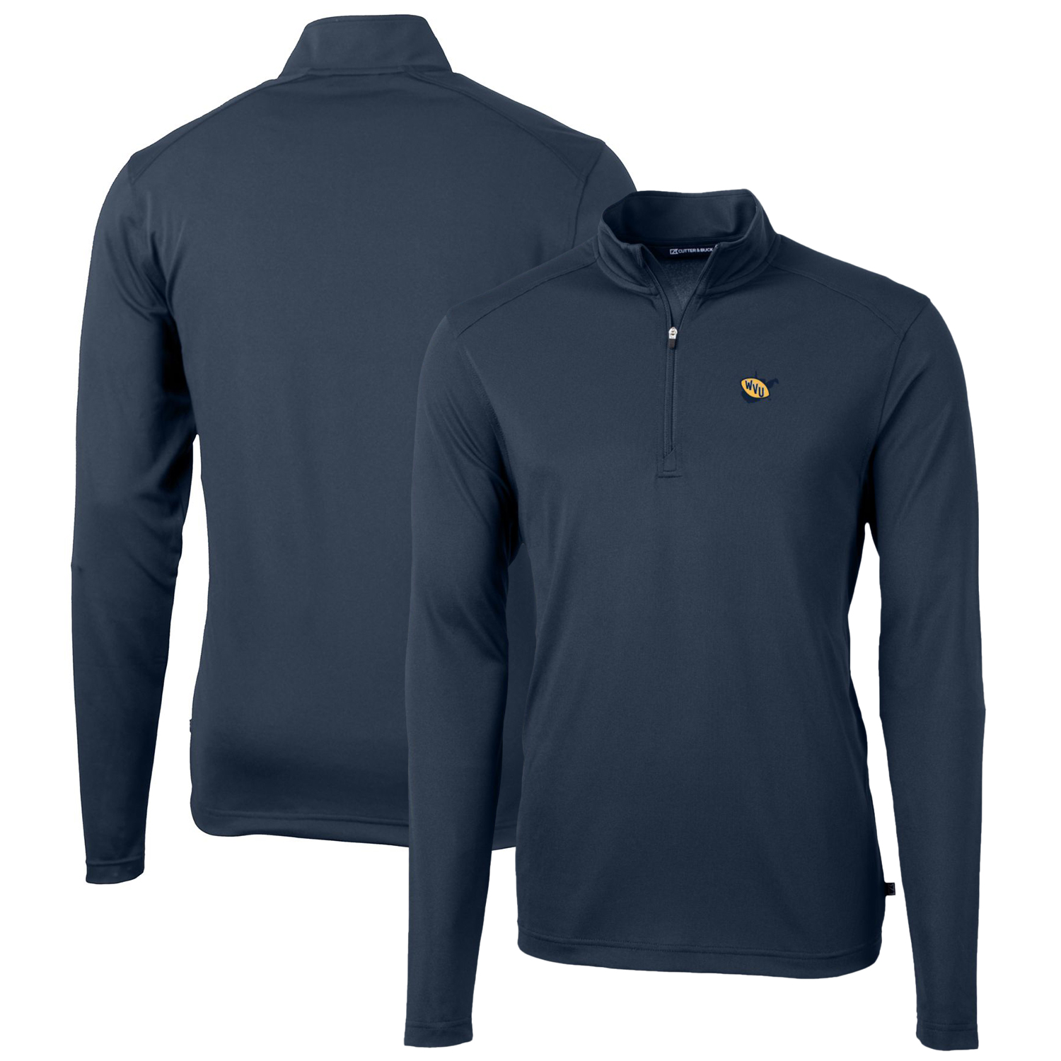 Men's Cutter & Buck Navy West Virginia Mountaineers Virtue Eco Pique Recycled Quarter-Zip Pullover Top - Image 2