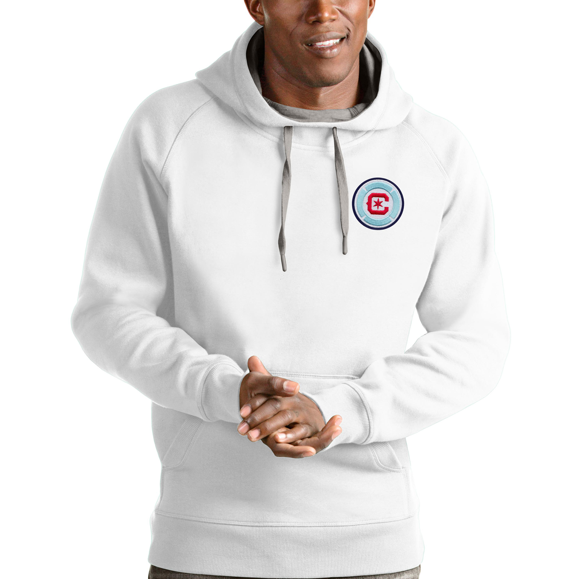 Men's Antigua White Chicago Fire Logo Victory Pullover Hoodie