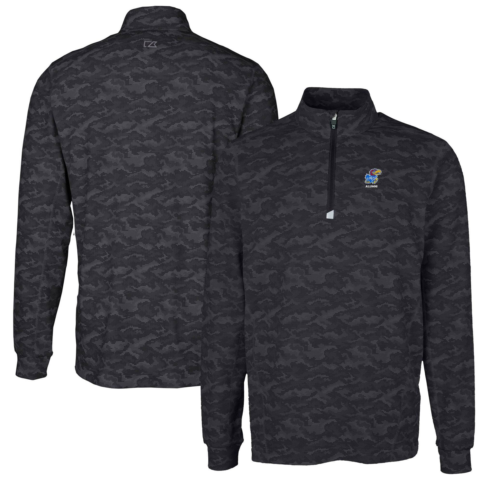 Men's Cutter & Buck Black Kansas Jayhawks Alumni Logo Traverse Camo Print Stretch Quarter-Zip Pullover Top - Image 2