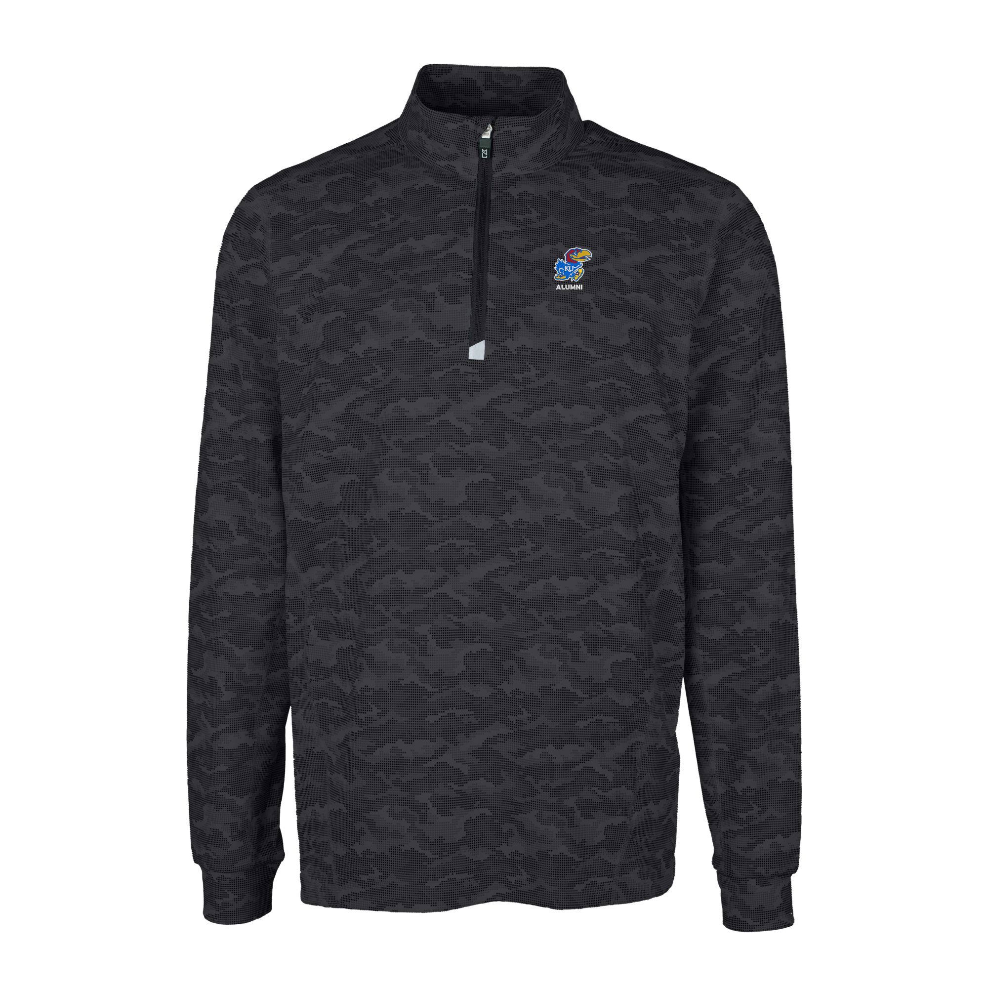 Men's Cutter & Buck Black Kansas Jayhawks Alumni Logo Traverse Camo Print Stretch Quarter-Zip Pullover Top - Image 6
