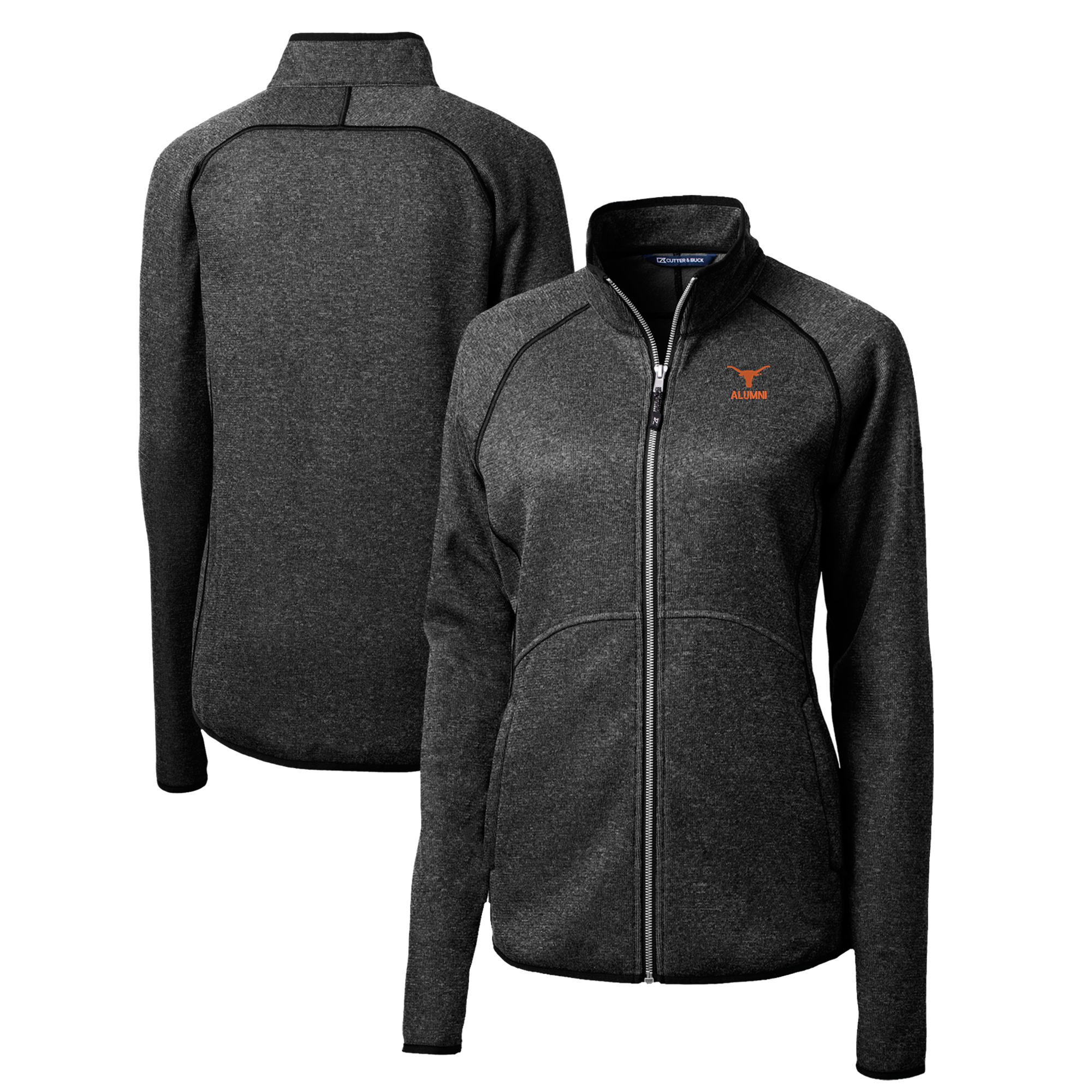 Women's Cutter & Buck Heather Charcoal Texas Longhorns Alumni Mainsail Sweater-Knit Full-Zip Jacket