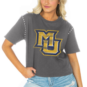 Women's Gameday Couture  Gray Marquette Golden Eagles Galore Studded Sleeve Crop Top