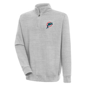 Men's Antigua Heather Gray Miami Dolphins Throwback Logo Victory Quarter-Zip Pullover Top