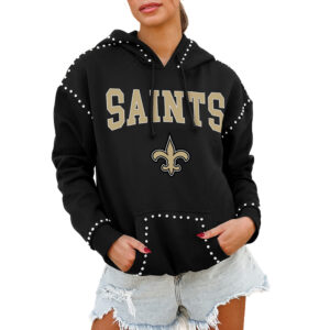 Women's Gameday Couture Black New Orleans Saints Catch the Vibe Studded Pullover Hoodie