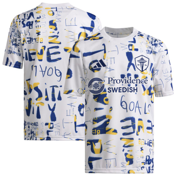 Youth adidas White Seattle Sounders FC 2024 MLS Kick Childhood Cancer Pre-Match Top
