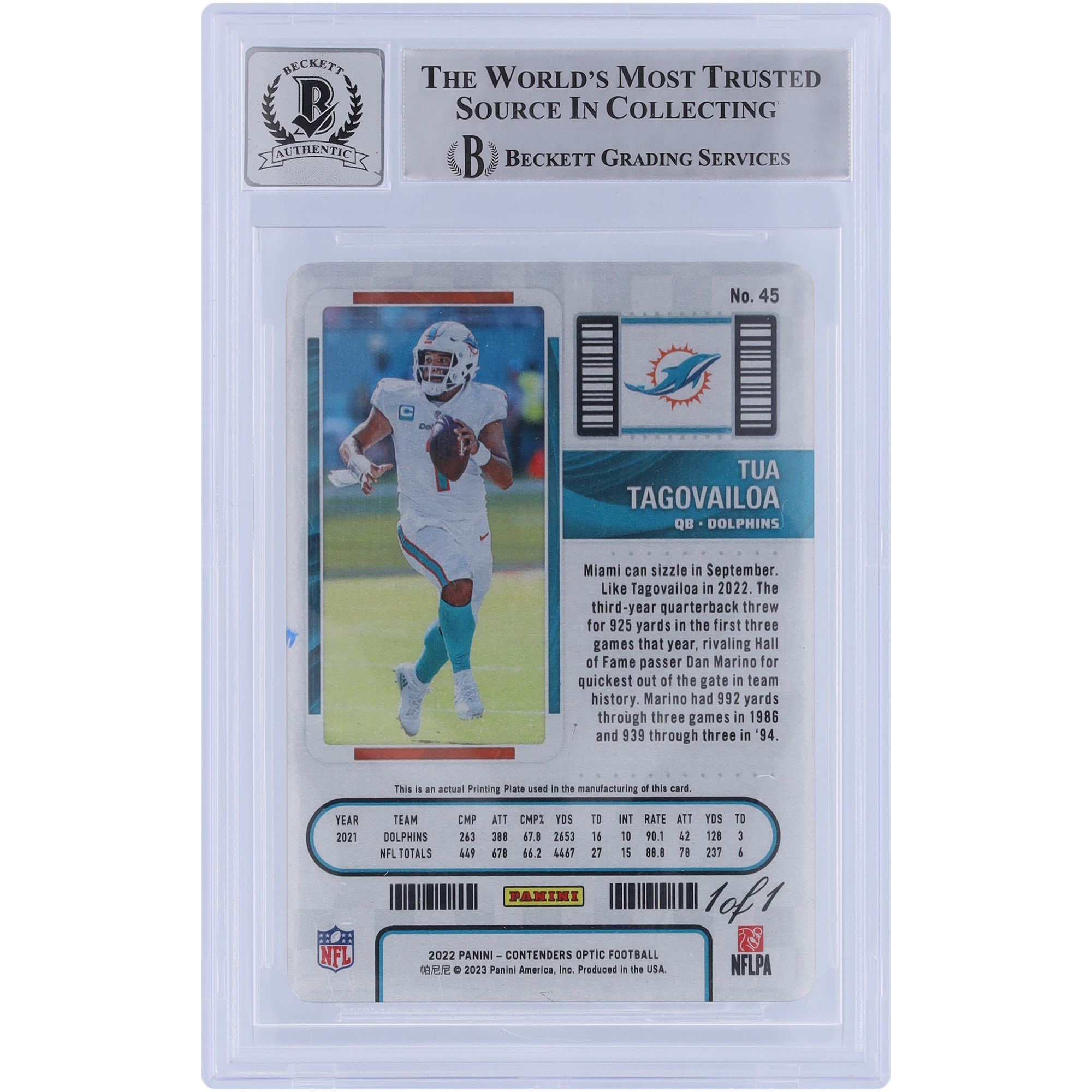 Tua Tagovailoa Miami Dolphins Autographed 2022 Panini Contenders Optic Black Printing Plate #45 #1/1 Beckett Fanatics Witnessed Authenticated 10 Card - Image 3