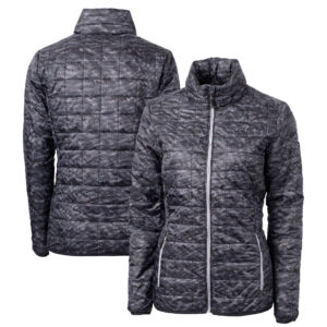 Women's Cutter & Buck Black Carolina Panthers Rainier PrimaLoft Eco Insulated Full-Zip Printed Puffer Jacket