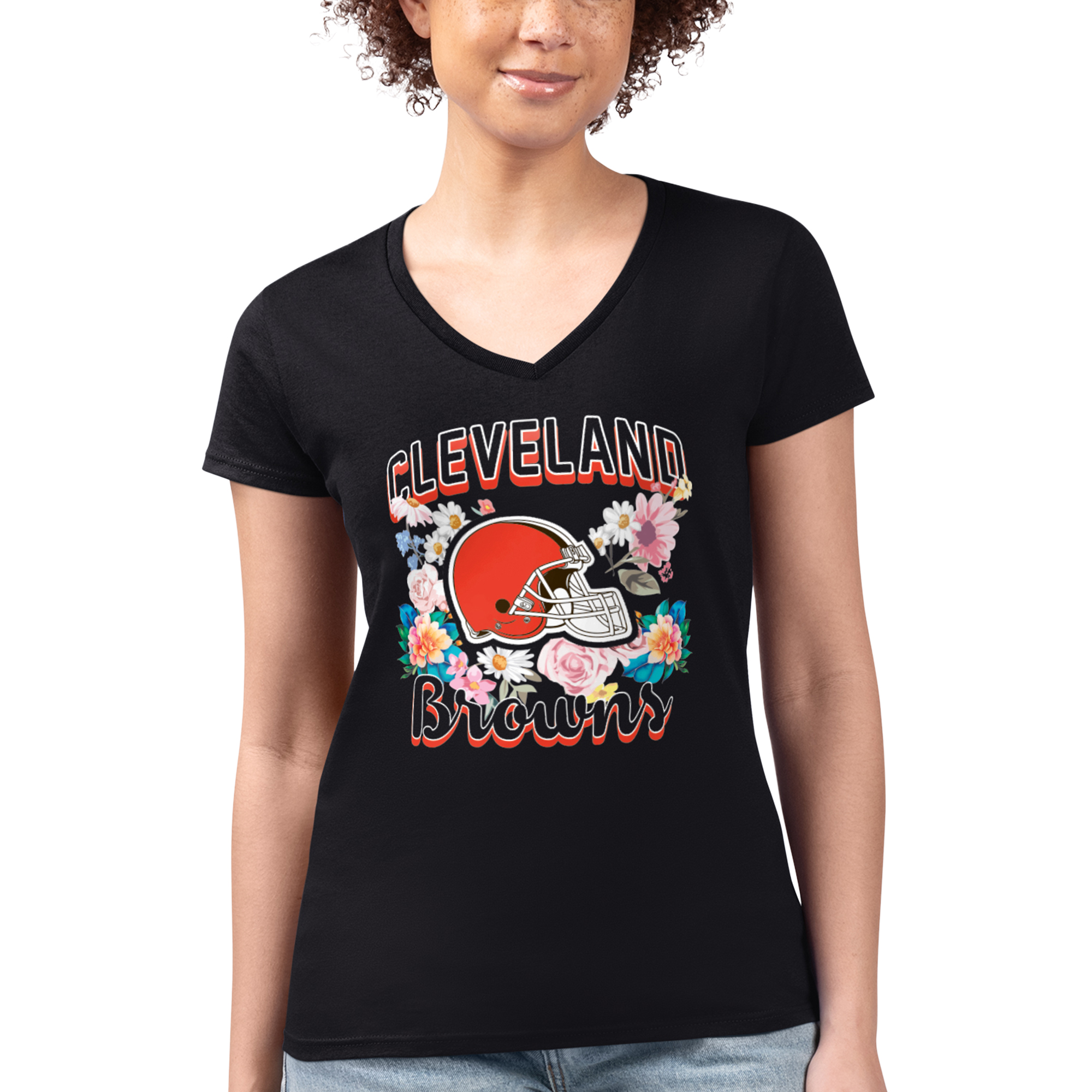 Women's G-III 4Her by Carl Banks Black Cleveland Browns Flowers Team Logo Graphic Fitted V-Neck T-Shirt - Image 7
