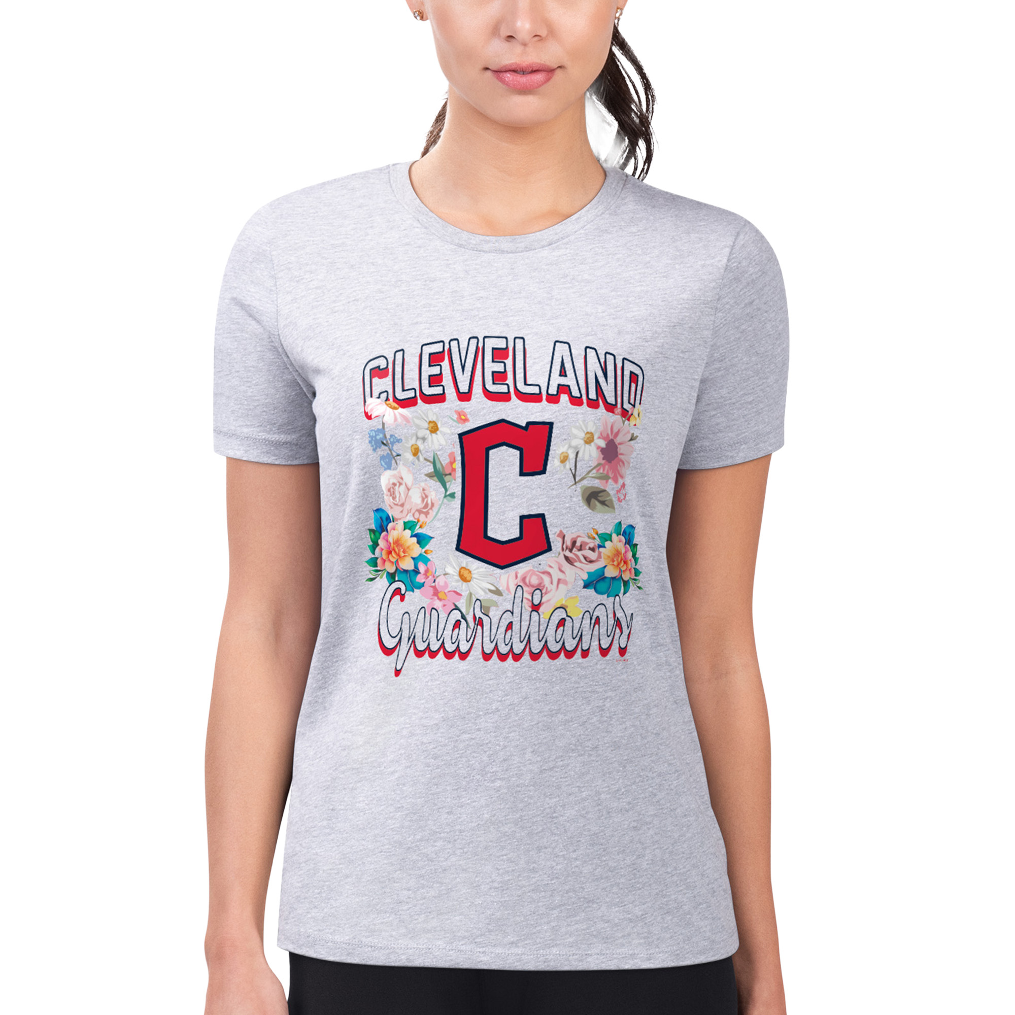 Women's G-III 4Her by Carl Banks Heather Gray Cleveland Guardians Flowers Graphic Fitted T-Shirt - Image 4