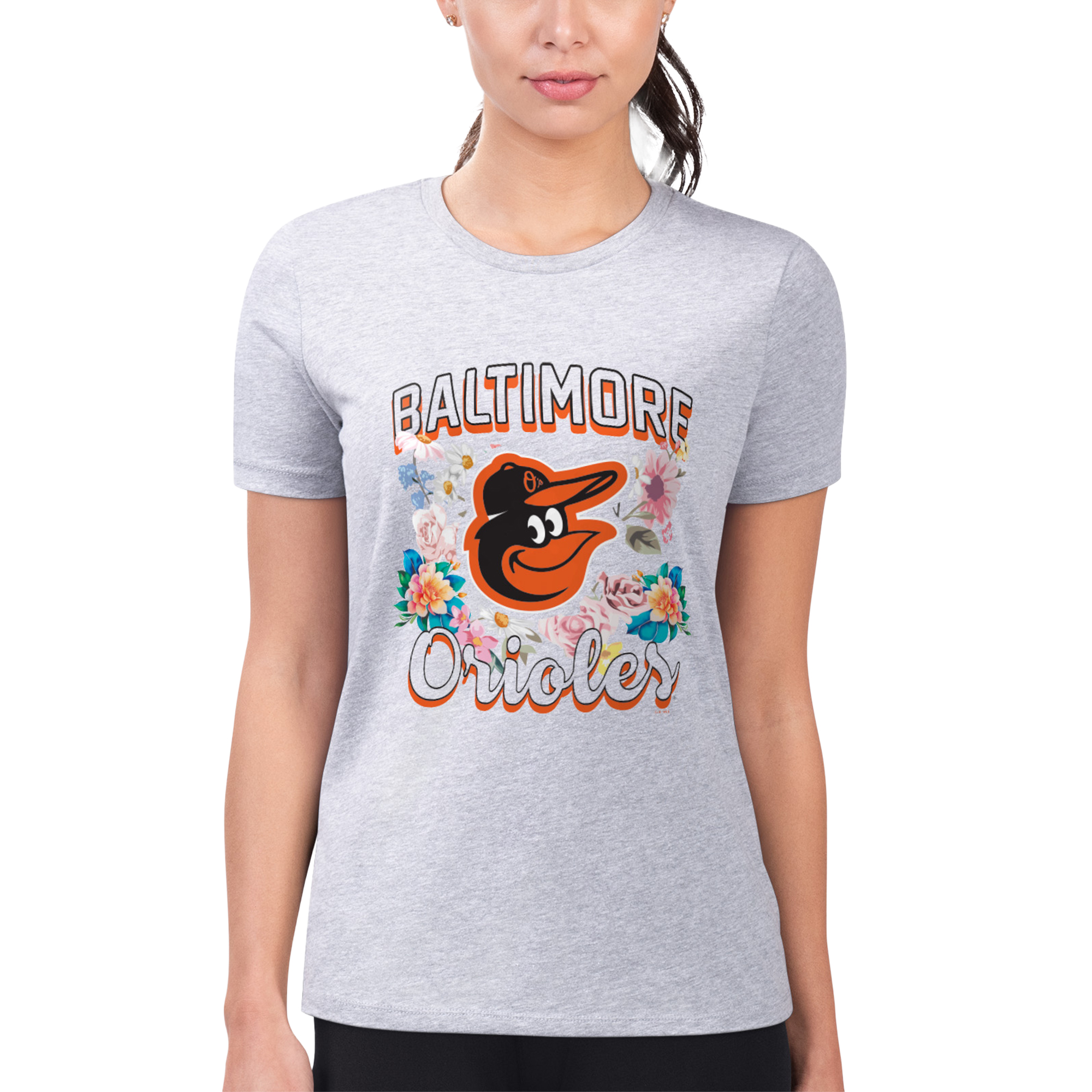 Women's G-III 4Her by Carl Banks Heather Gray Baltimore Orioles Flowers Graphic Fitted T-Shirt - Image 7