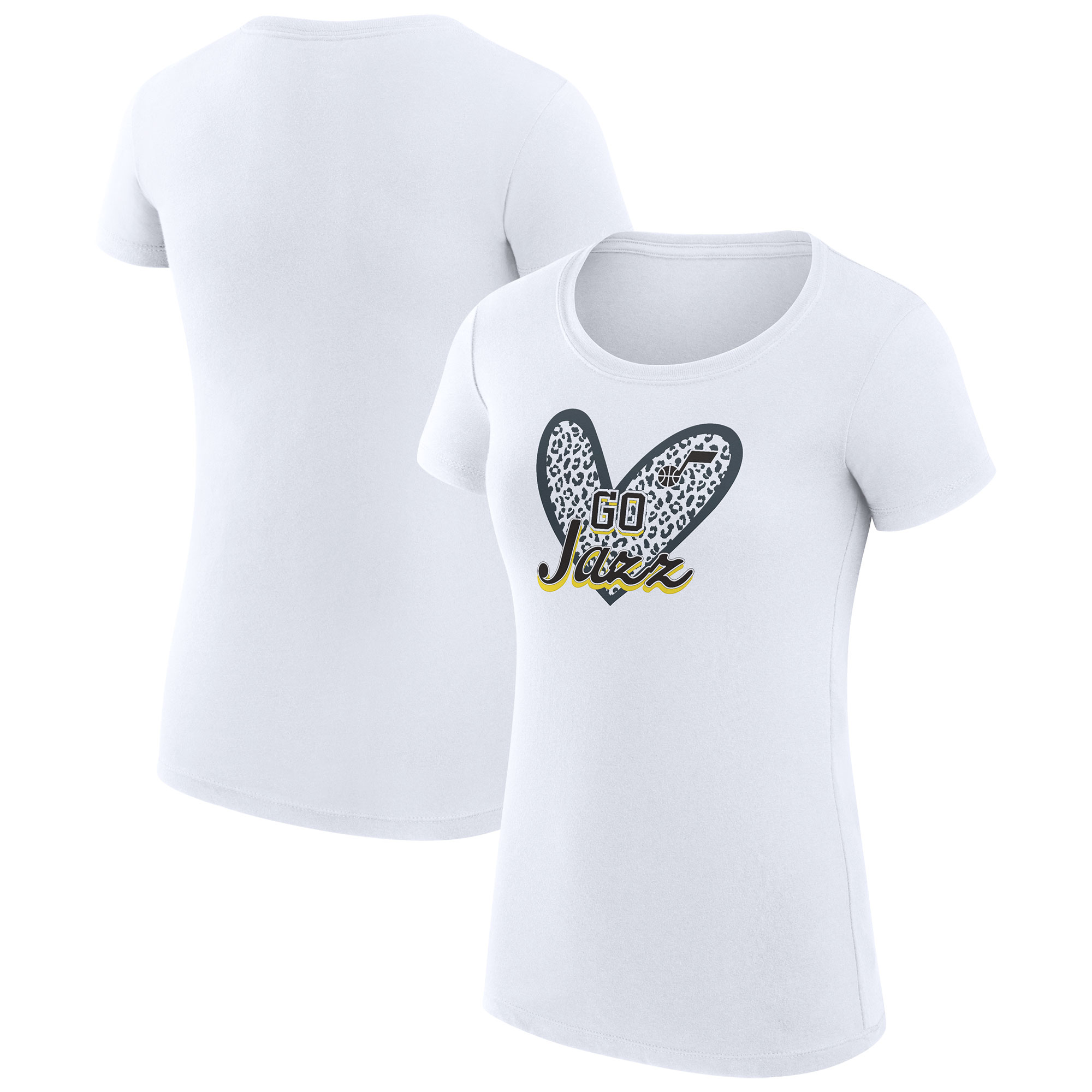 Women's G-III 4Her by Carl Banks White Utah Jazz Leopard Heart Fitted T-Shirt