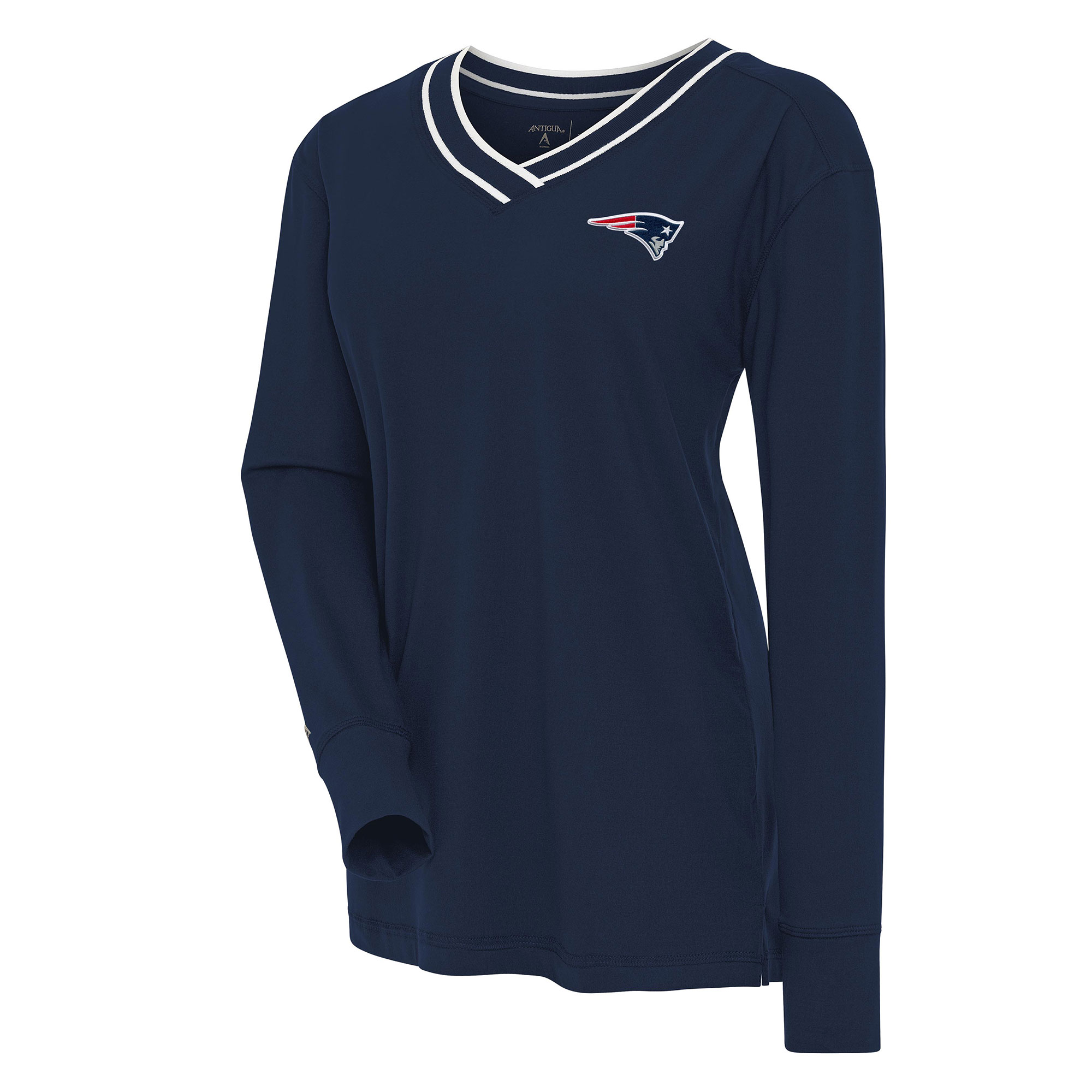 Women's Antigua Navy New England Patriots Symbolic Long Sleeve V-Neck Top
