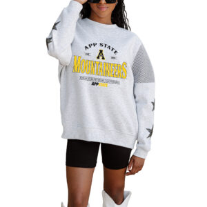 Women's Gameday Couture Ash Appalachian State Mountaineers Rhinestone Star Mesh Shoulder Fleece Pullover Sweatshirt