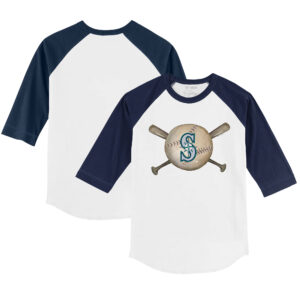 Toddler Tiny Turnip White/Navy Seattle Mariners Baseball Cross Bats 3/4-Sleeve Raglan T-Shirt