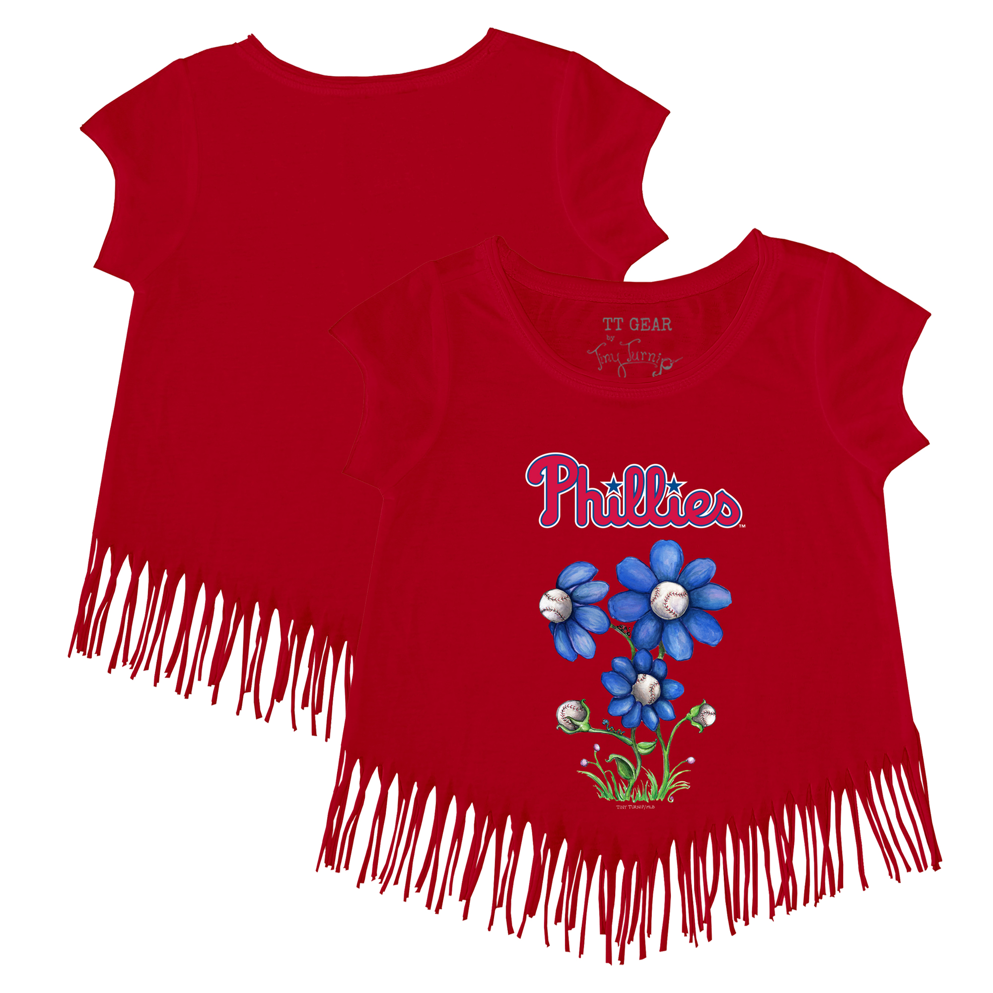 Girls Youth Tiny Turnip Red Philadelphia Phillies Blooming Baseballs Fringe T-Shirt - Image 2