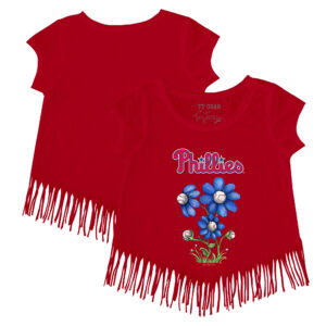 Girls Youth Tiny Turnip Red Philadelphia Phillies Blooming Baseballs Fringe T-Shirt