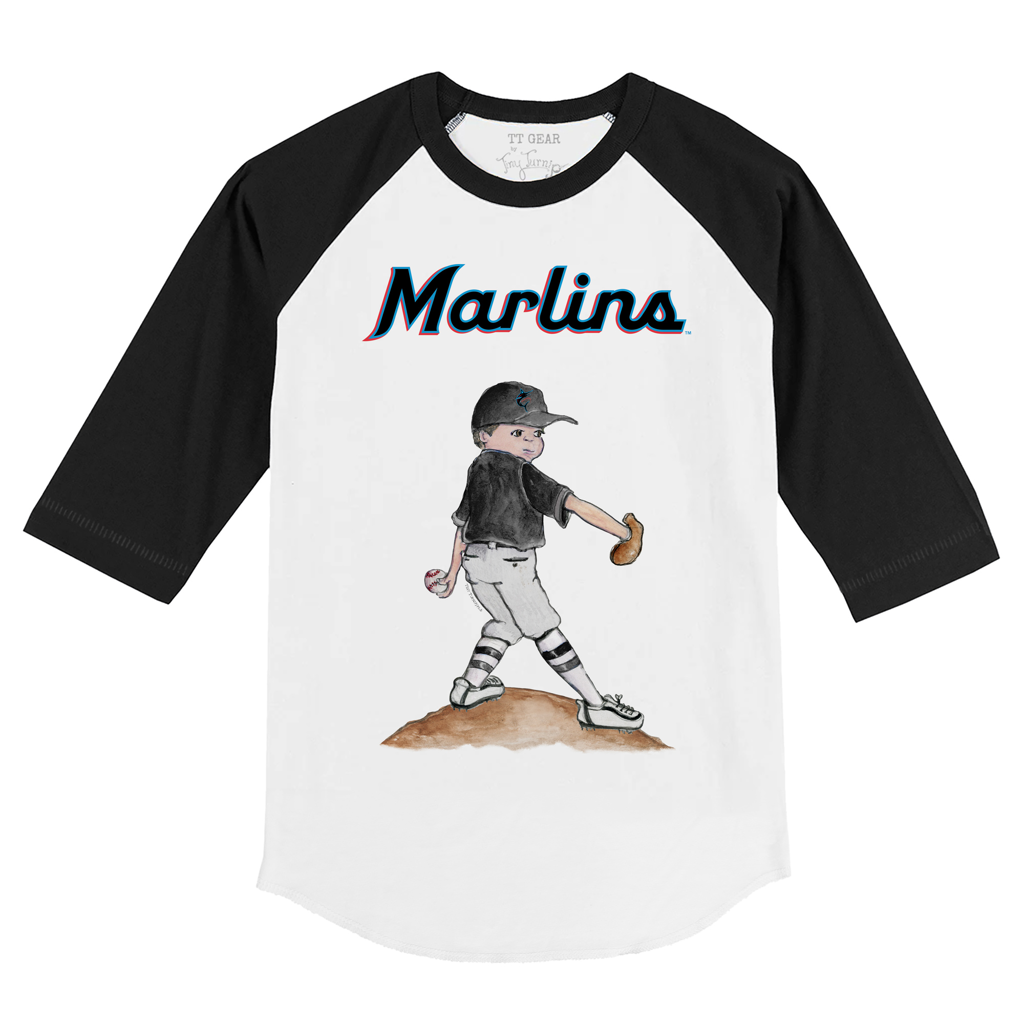 Youth Tiny Turnip White/Black Miami Marlins Clemente 3/4-Sleeve Raglan T-Shirt - Image 3