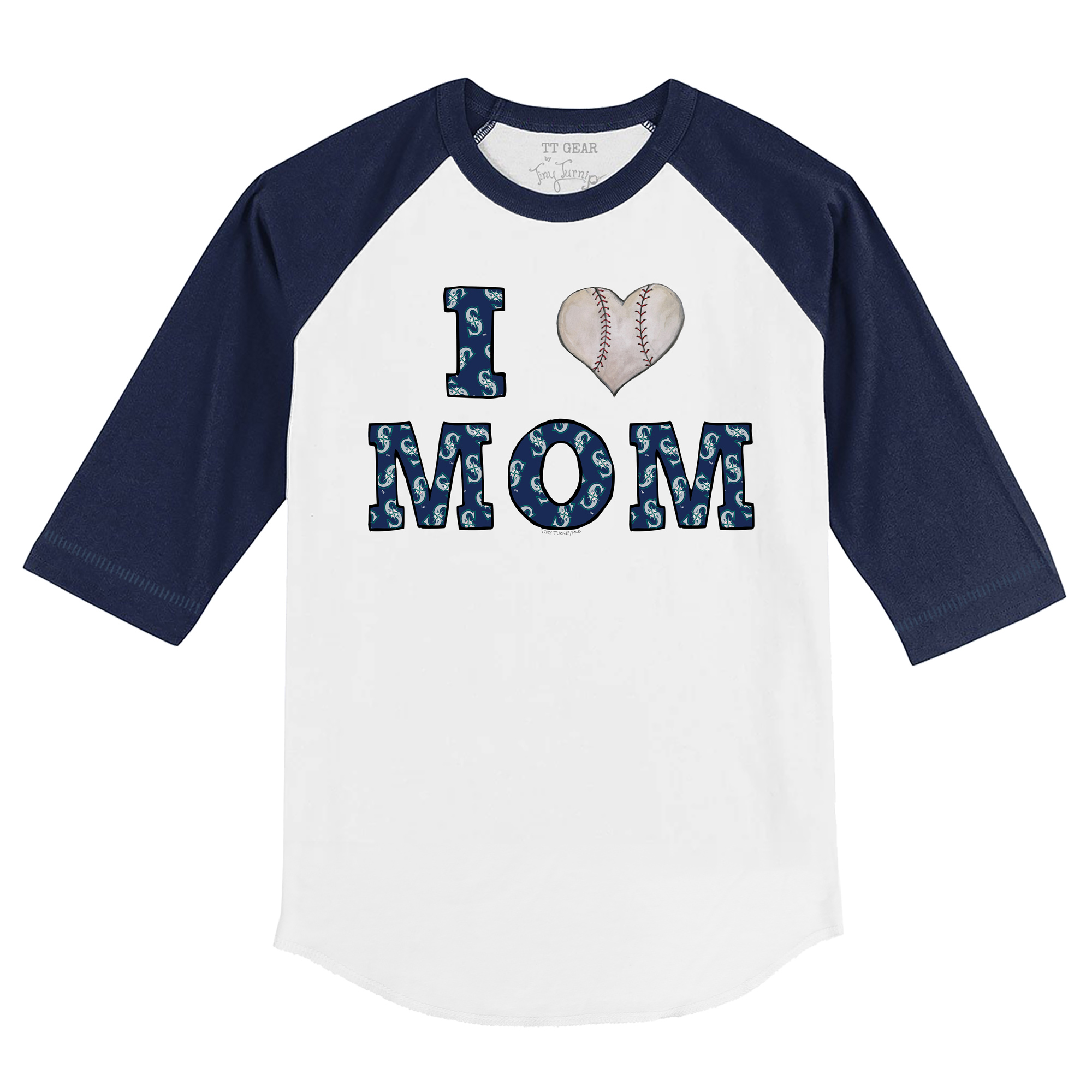 Youth Tiny Turnip White/Navy Seattle Mariners I Love Mom 3/4-Sleeve Raglan T-Shirt - Image 3