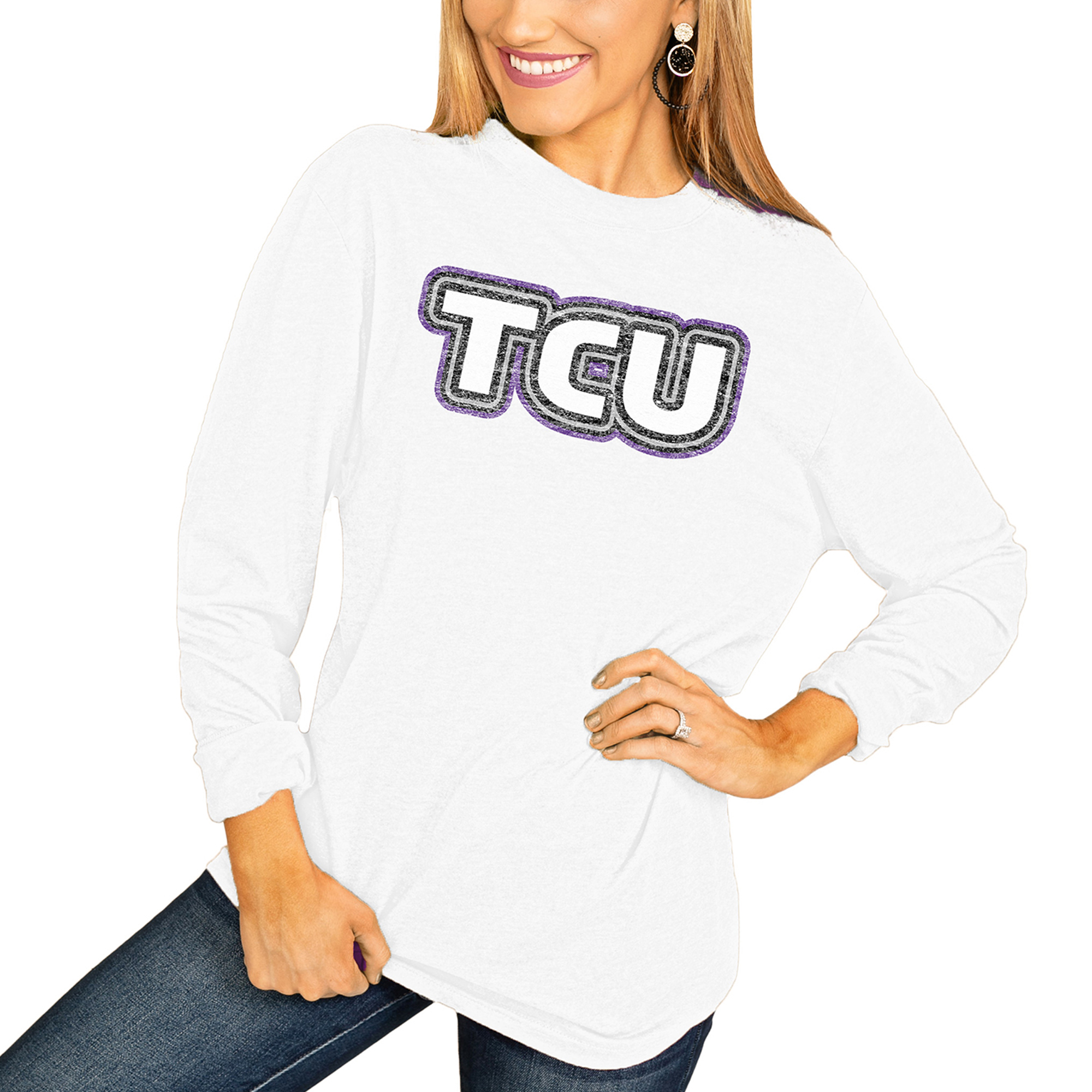 Women's White TCU Horned Frogs It's A Win Vintage Vibe Long Sleeve T-Shirt