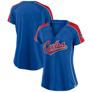 Women's Fanatics Royal/Red Chicago Cubs True Classic League Diva Pinstripe Raglan V-Neck T-Shirt