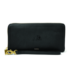 Women's Fossil Black Bowie State Bulldogs Leather Logan RFID Zip Around Clutch