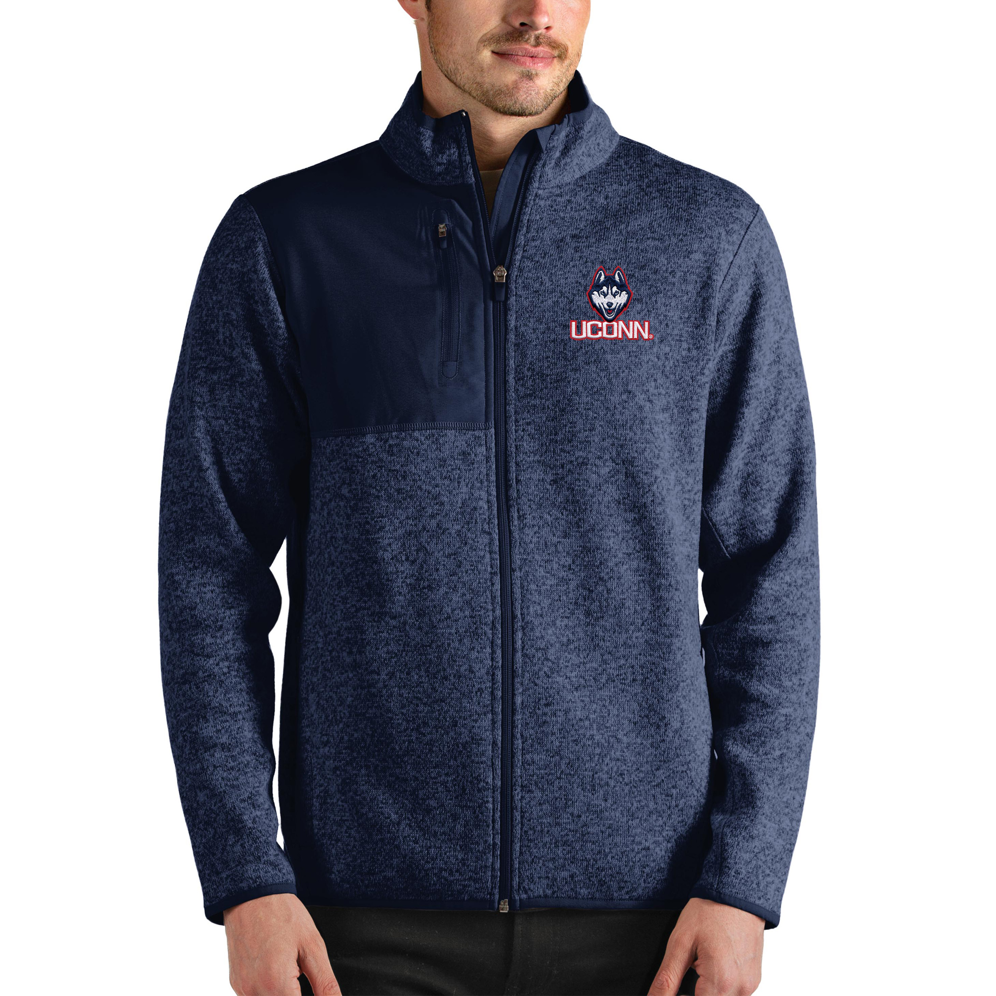 Men's Antigua Heathered Navy UConn Huskies Fortune Full-Zip Jacket