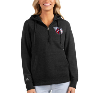 Women's Antigua Heathered Black Cleveland Guardians Action Half-Zip Pullover Hoodie