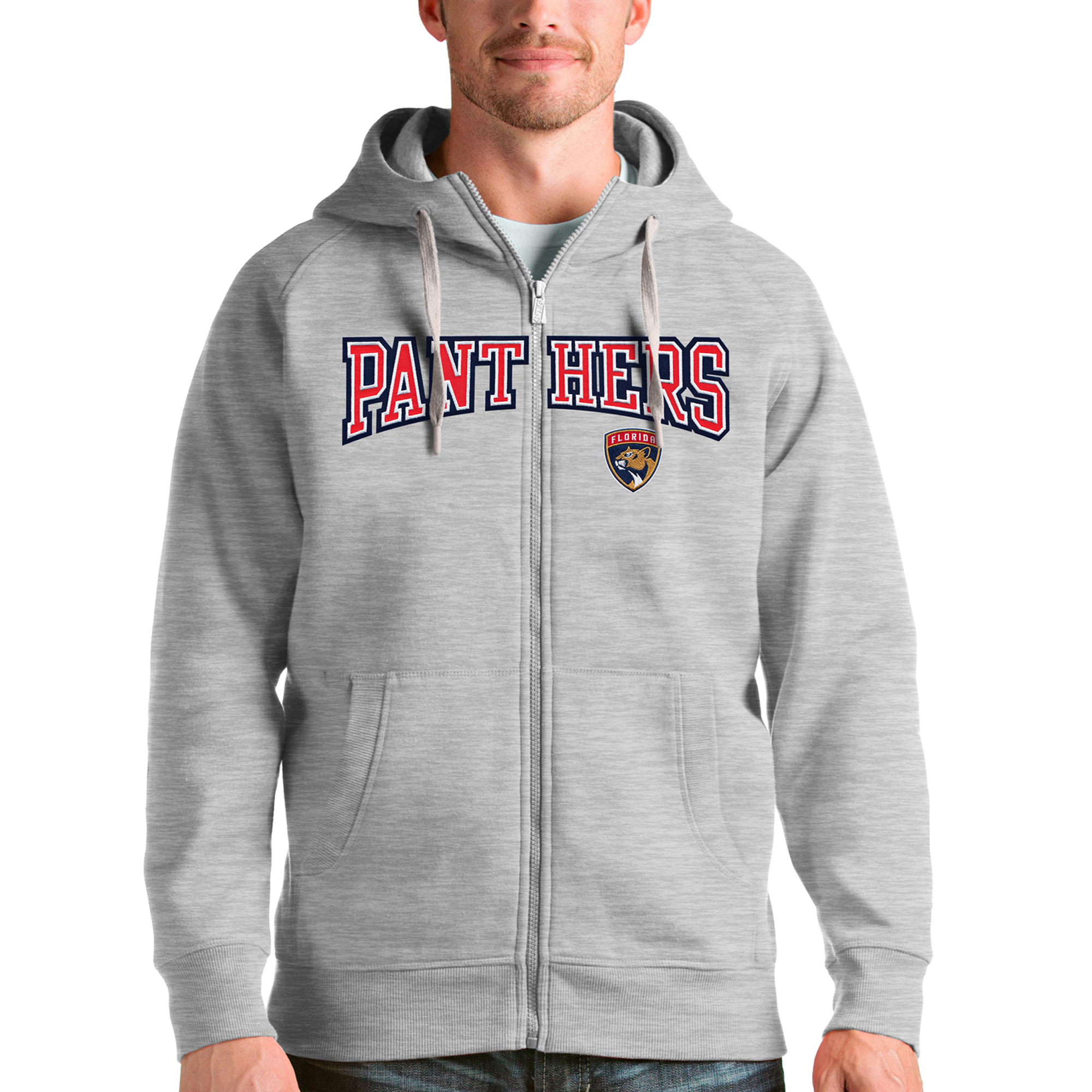 Men's Antigua Heathered Gray Florida Panthers Wordmark Victory Full-Zip Hoodie