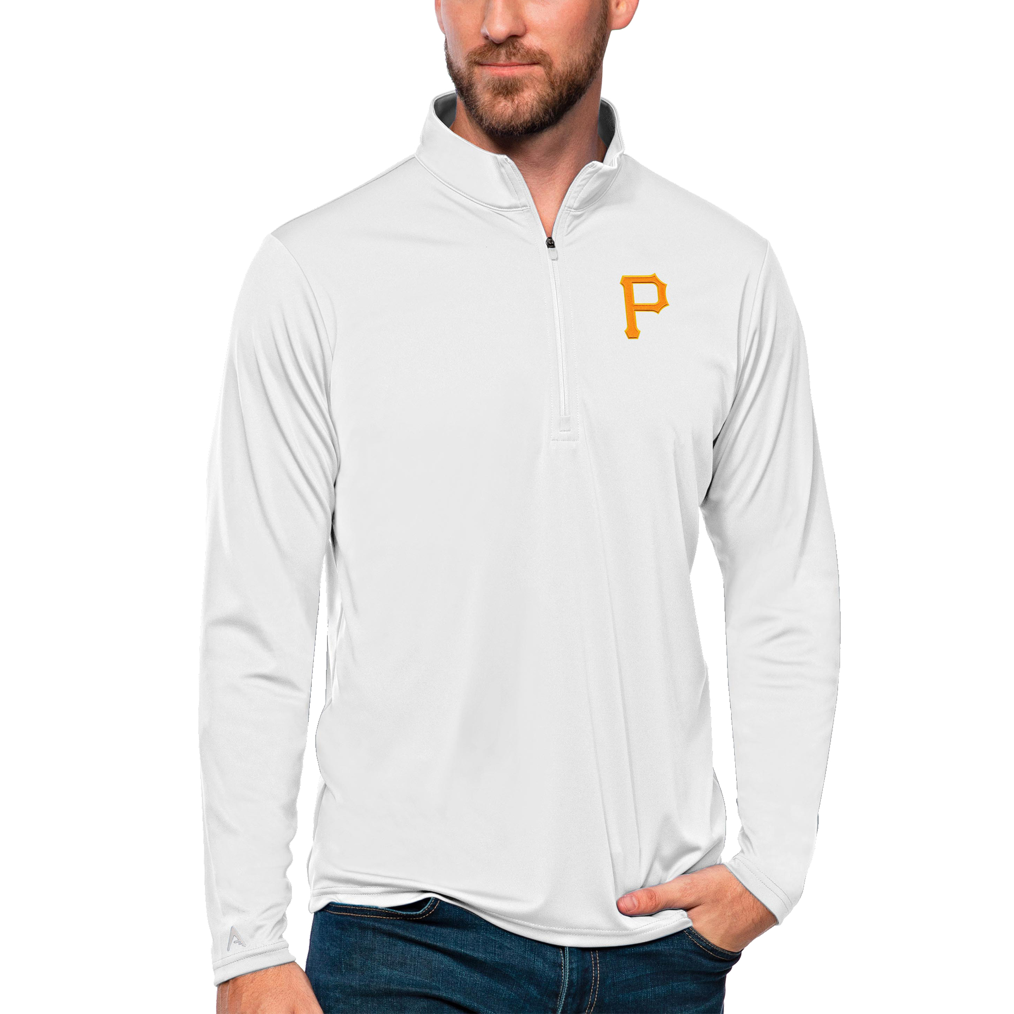 Men's Antigua White Pittsburgh Pirates Tribute Quarter-Zip Pullover Top