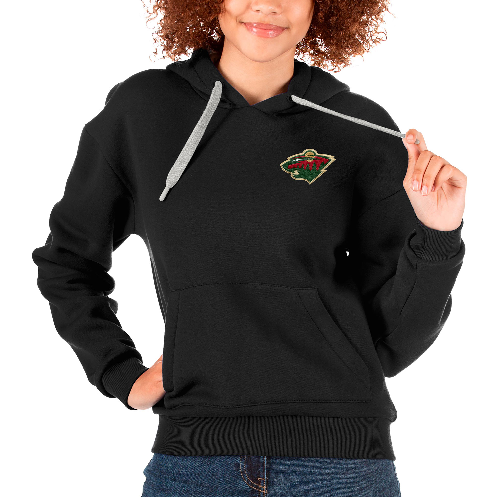 Women's Antigua Black Minnesota Wild Primary Logo Victory Pullover Hoodie