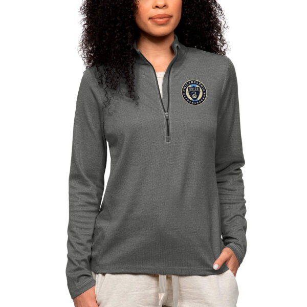 Women's Antigua Heather Charcoal Philadelphia Union Team Logo Epic Quarter-Zip Pullover Top