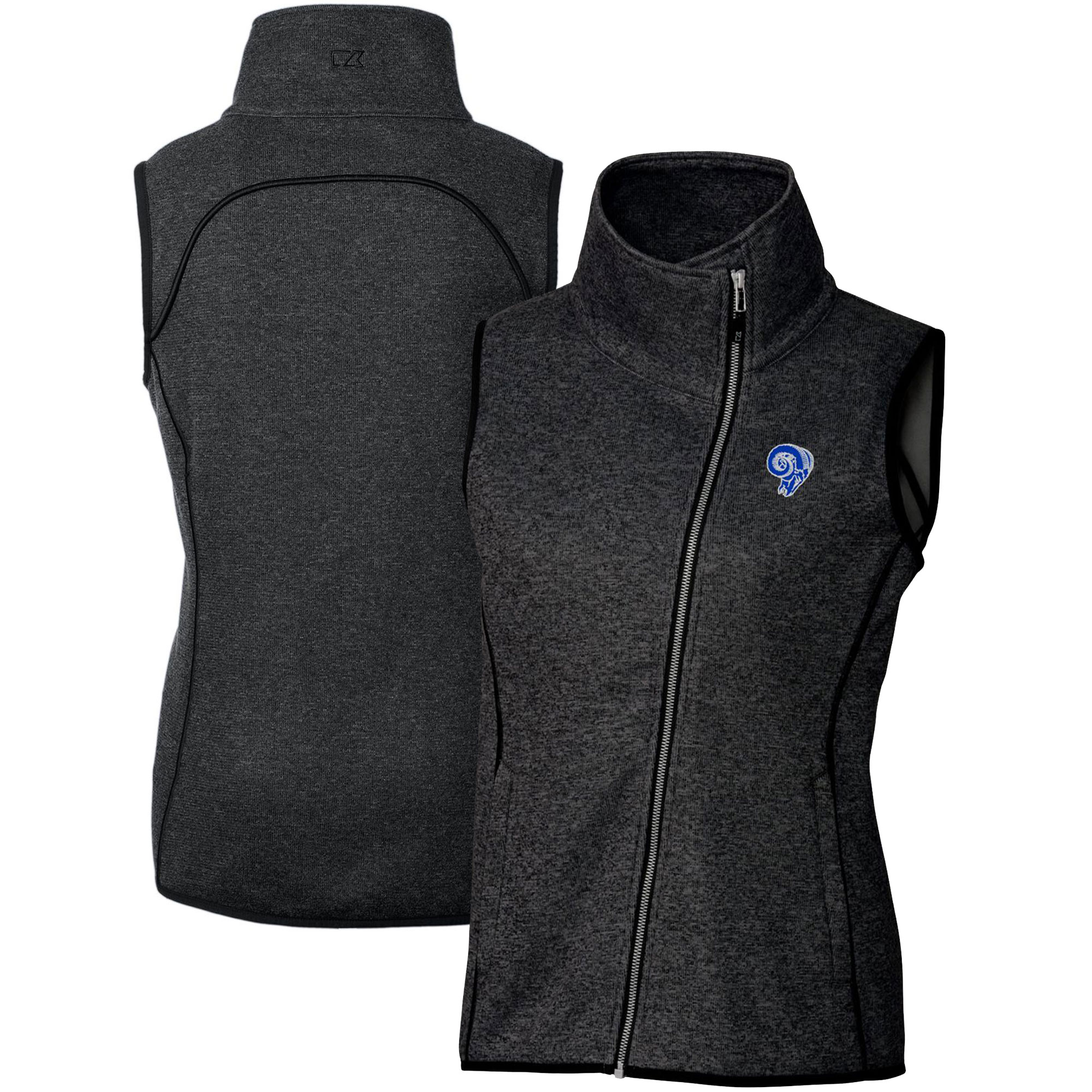 Women's Cutter & Buck Heather Charcoal Los Angeles Rams Throwback Logo Mainsail Full-Zip Vest