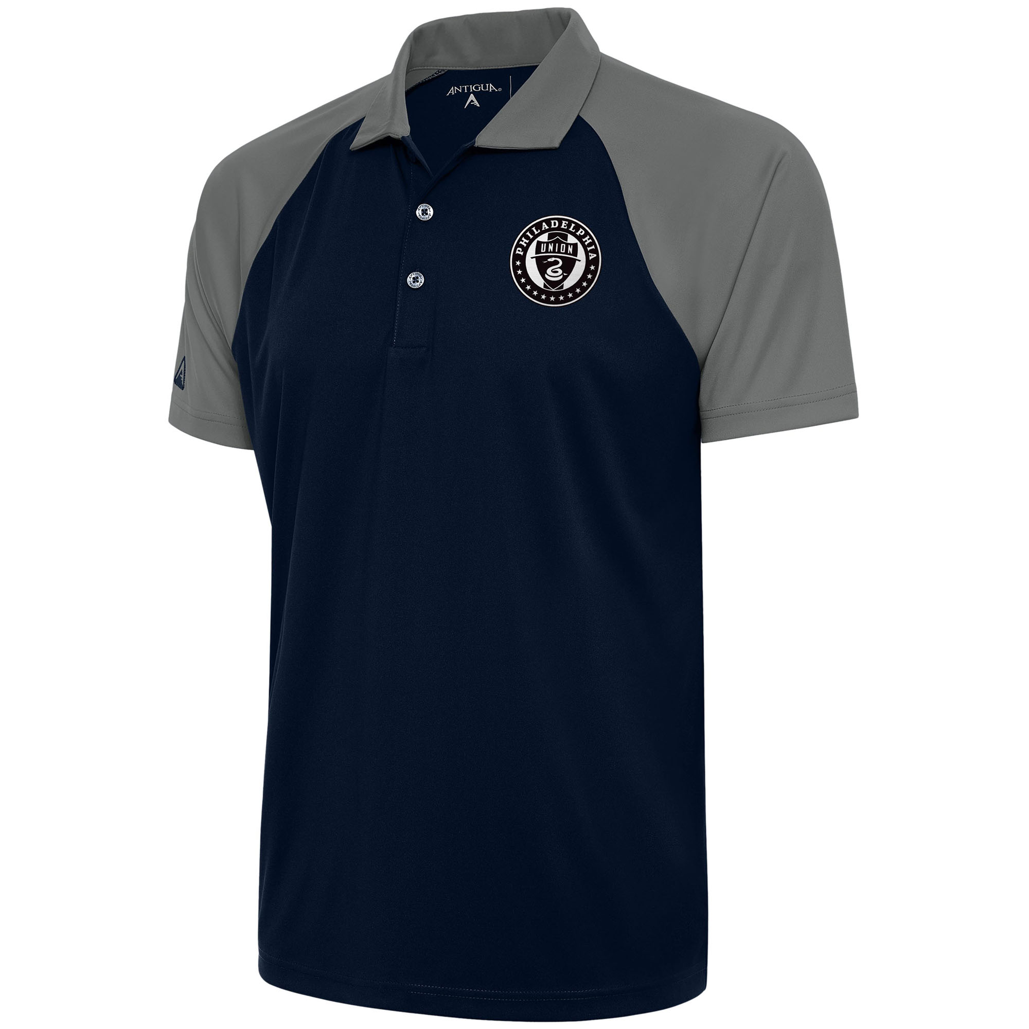 Men's Antigua Navy/Steel Philadelphia Union Brushed Metallic Nova Raglan Polo