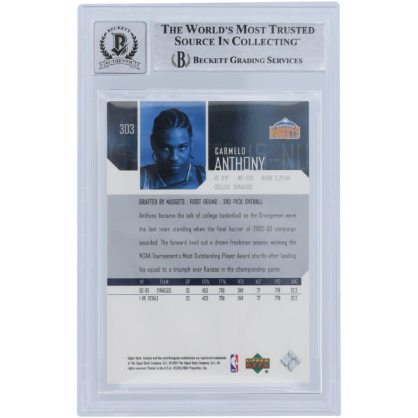 Carmelo Anthony Denver Nuggets Autographed 2003-04 Upper Deck Star Rookie Blue Paint #303 Beckett Fanatics Witnessed Authenticated 10 Rookie Card - Image 5