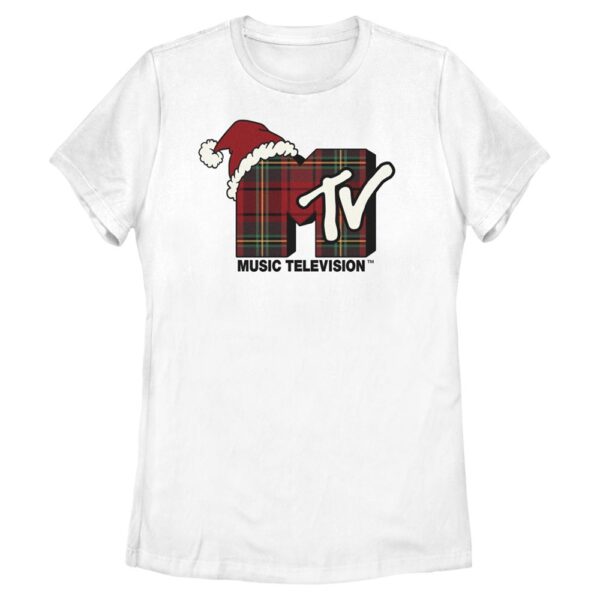Women's Mad Engine  White MTV Plaid Logo Graphic T-Shirt