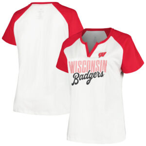 Women's Profile White/Red Wisconsin Badgers Plus Size Best Squad Shimmer Raglan Notch Neck T-Shirt