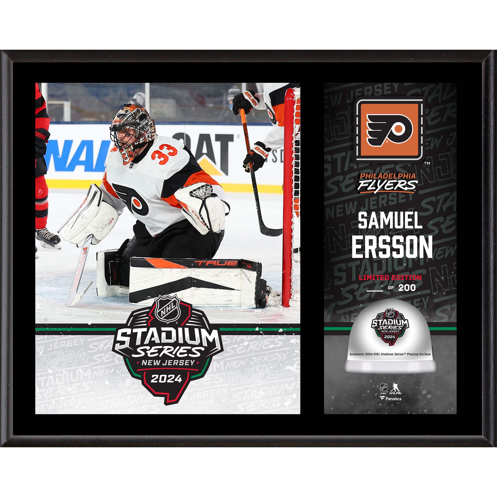 Samuel Ersson Philadelphia Flyers 12" x 15" 2024 NHL Stadium Series Sublimated Plaque with Game-Used Ice - Limited Edition of 200