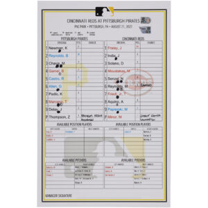 Pittsburgh Pirates Game-Used Lineup Card vs. Cincinnati Reds on August 21, 2022