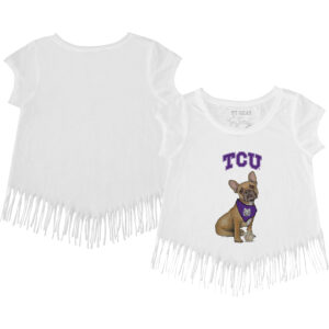 Girls Youth Tiny Turnip White TCU Horned Frogs French Bulldog Fringed T-Shirt
