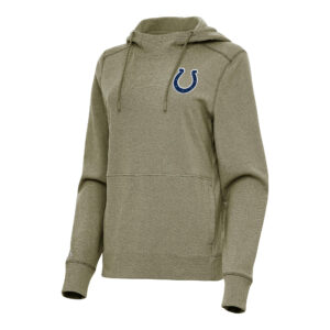 Women's Antigua Heather Olive Indianapolis Colts Justice Pullover Hoodie