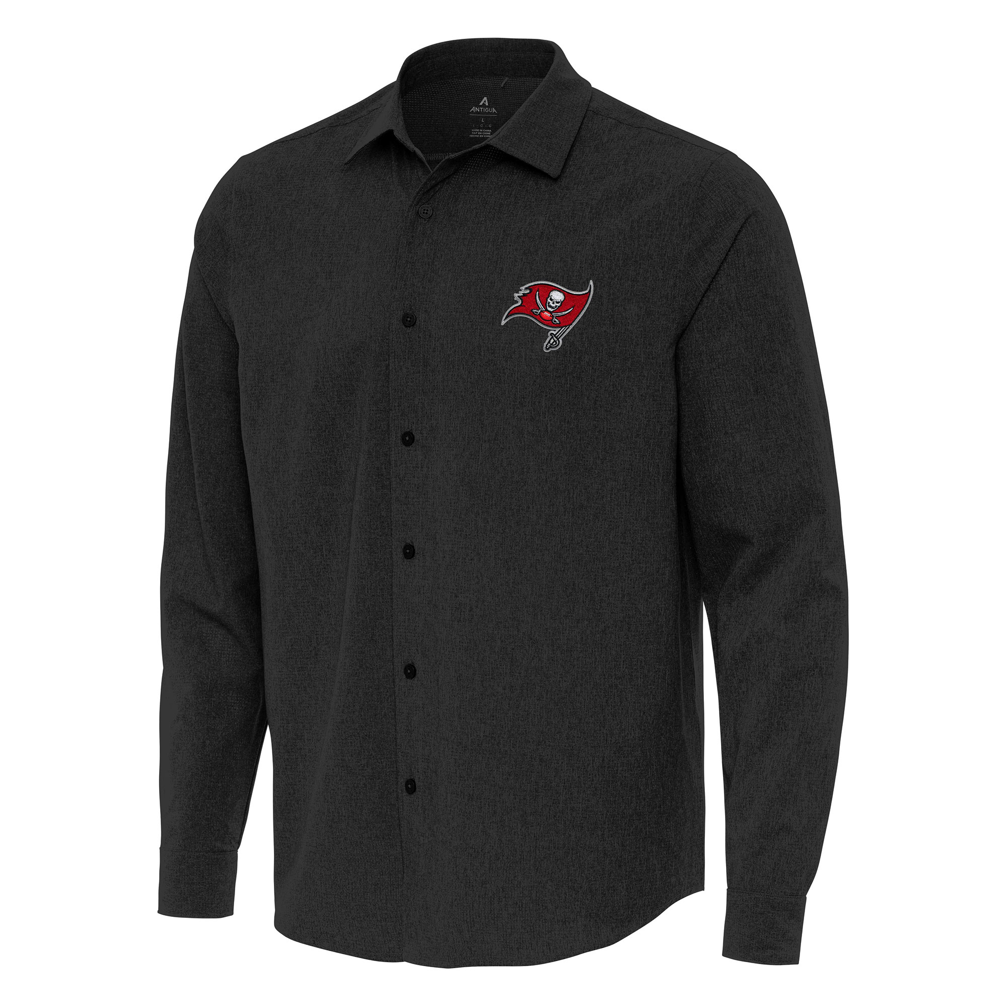Men's Antigua Black Tampa Bay Buccaneers Exposure Woven Long Sleeve Button-Up Shirt