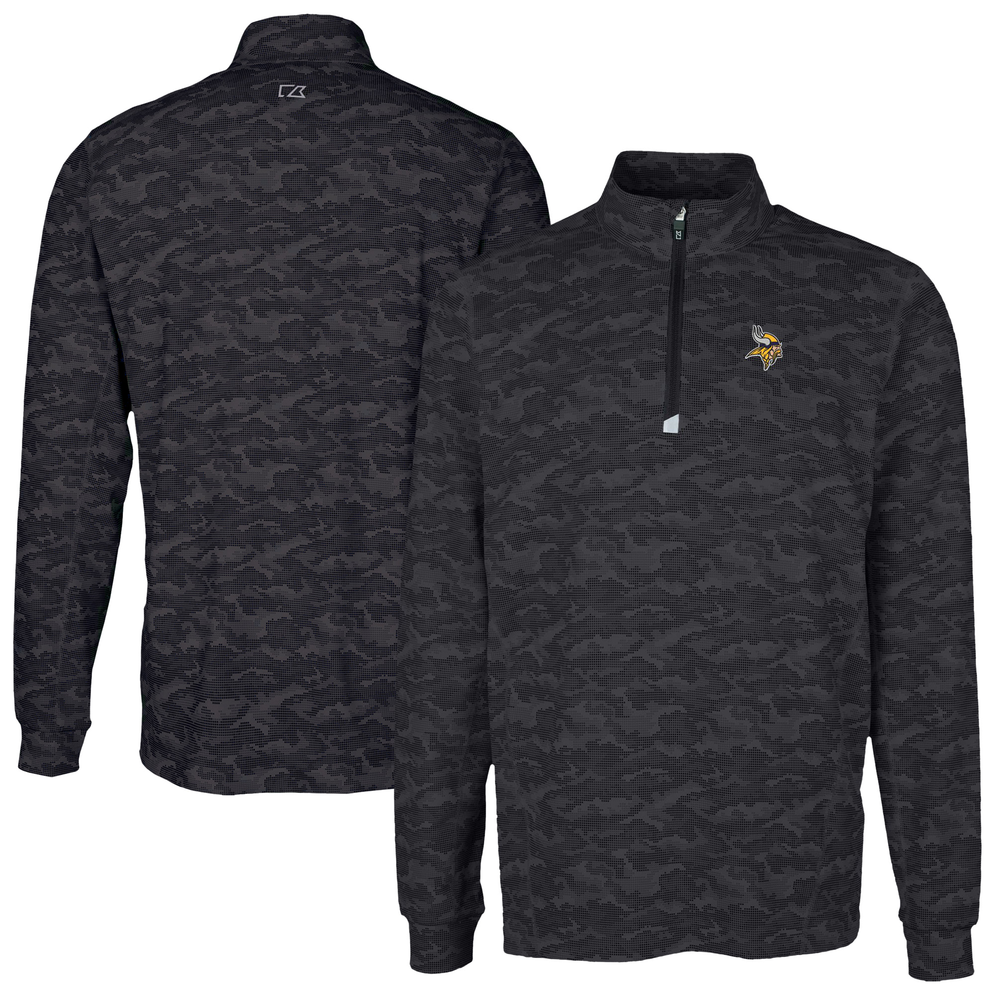 Men's Cutter & Buck Black Minnesota Vikings Traverse Camo Print Stretch Quarter-Zip Top