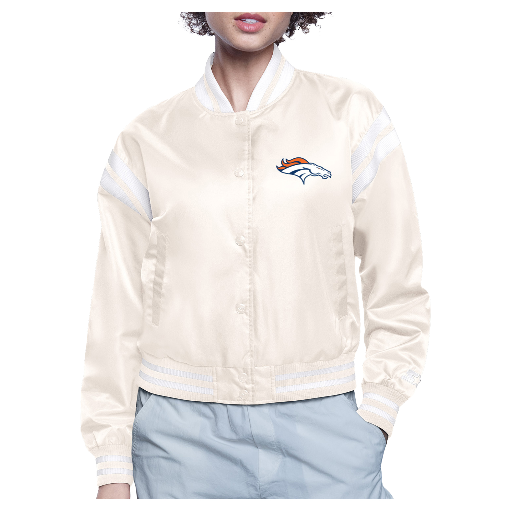 Women's Starter Cream Denver Broncos Round Team Logo Cropped Satin Varsity Full-Snap Jacket