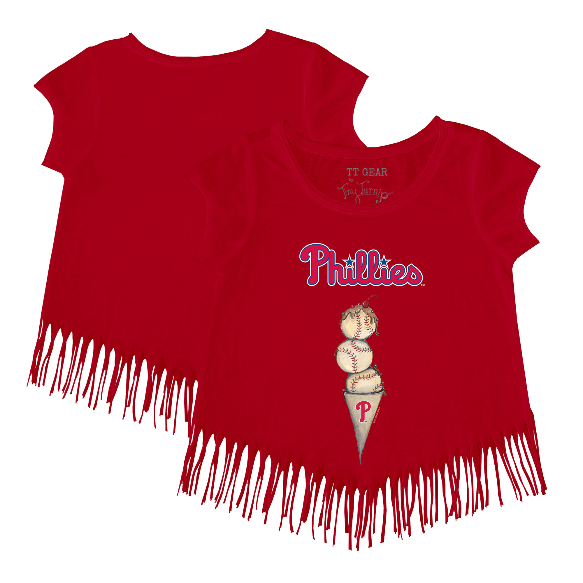 Girls Toddler Tiny Turnip Red Philadelphia Phillies Triple Scoop Fringe T-Shirt