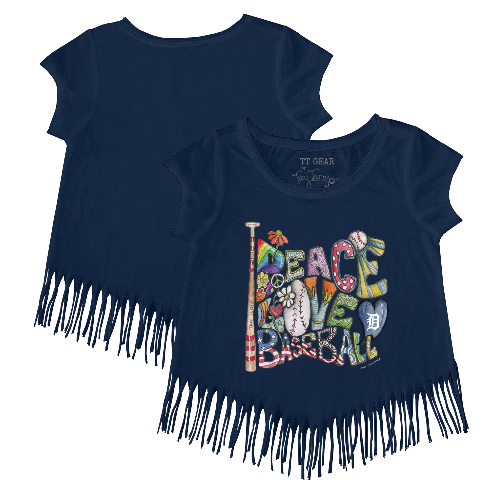 Girls Youth Tiny Turnip Navy Detroit Tigers Peace Love Baseball Fringe T-Shirt