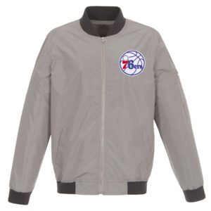 Men's JH Design Gray/Charcoal Philadelphia 76ers Lightweight Nylon Full-Zip Bomber Jacket