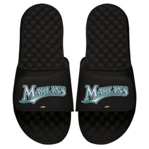 Youth ISlide Black Florida Marlins Cooperstown Wordmark Logo Slide Sandals