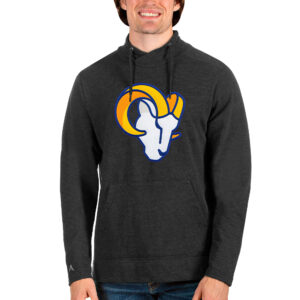 Men's Antigua Heathered Black Los Angeles Rams Team Reward Crossover Neckline Pullover Sweatshirt