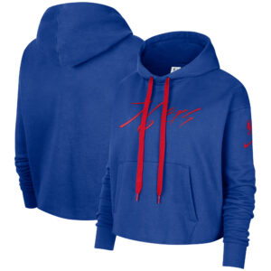 Women's Nike Royal Philadelphia 76ers Split Flip Courtside Cropped Pullover Hoodie